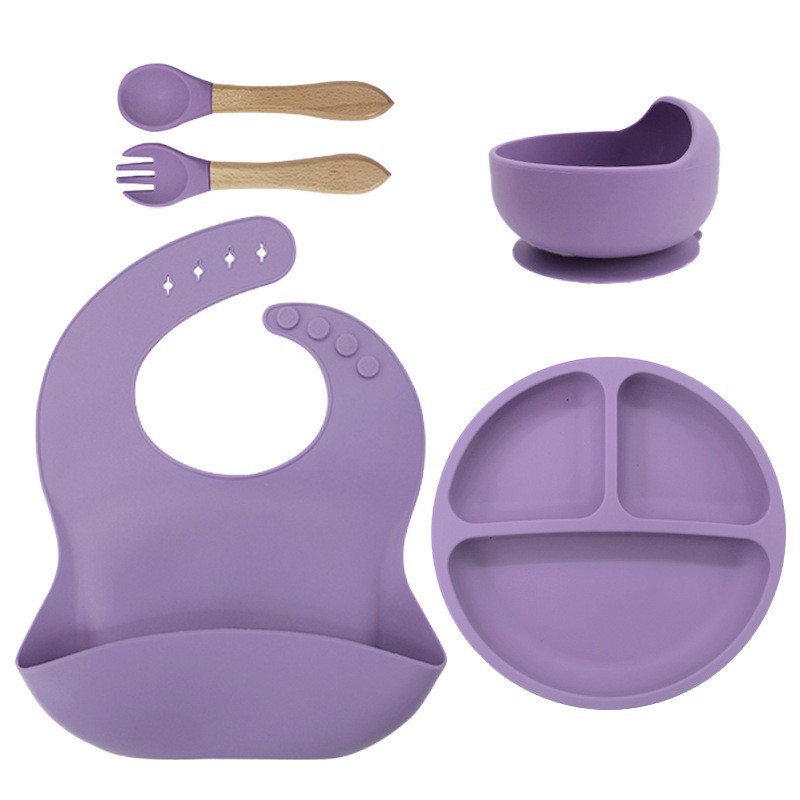 115g 턱받이 + 작은 흡입 컵 + 그릇 + 나무 포크와 스푼 진한 보라색