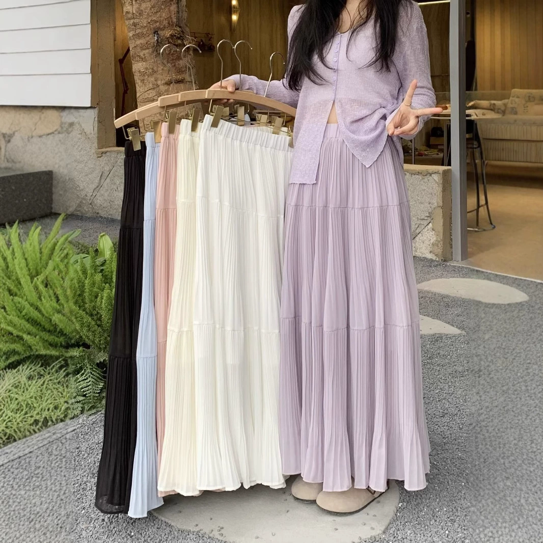 Французский нежный ветер шифоновая плиссированная юбка женский 2025 новый летний высокий пояс
