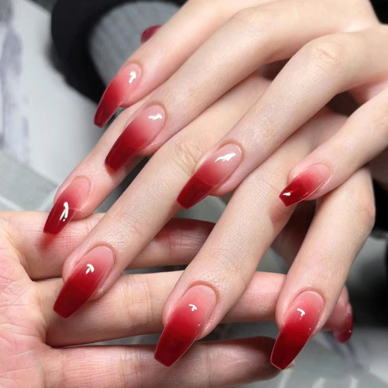 Gradient Red Pomegranate Nail Art Simple Style Slim Long Coffin-shaped White Dressing Armor Removable Finished Fake Nail Piece Gradient Red Pomegranate Nail Art Simple Style Slim Long Coffin-shaped White Dressing Armor Removable Finished Fake Nail Piece