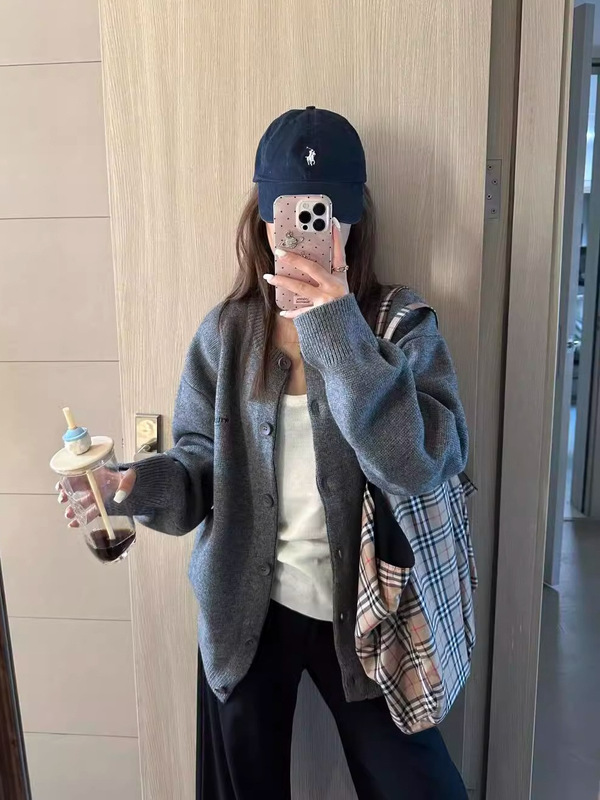 灰色针织开衫毛衣外套女秋季新款宽松慵懒风百搭高级感外搭上衣冬|undefined