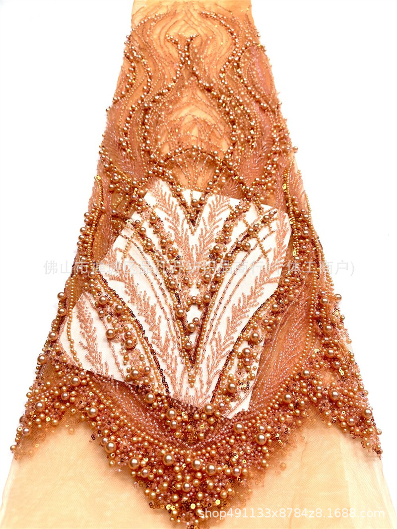 Peacock Feather Heavy Duty Pearl Pipe Mesh Fabric Fonytail Clavado a mano Beads Fishtail vestido de boda tela