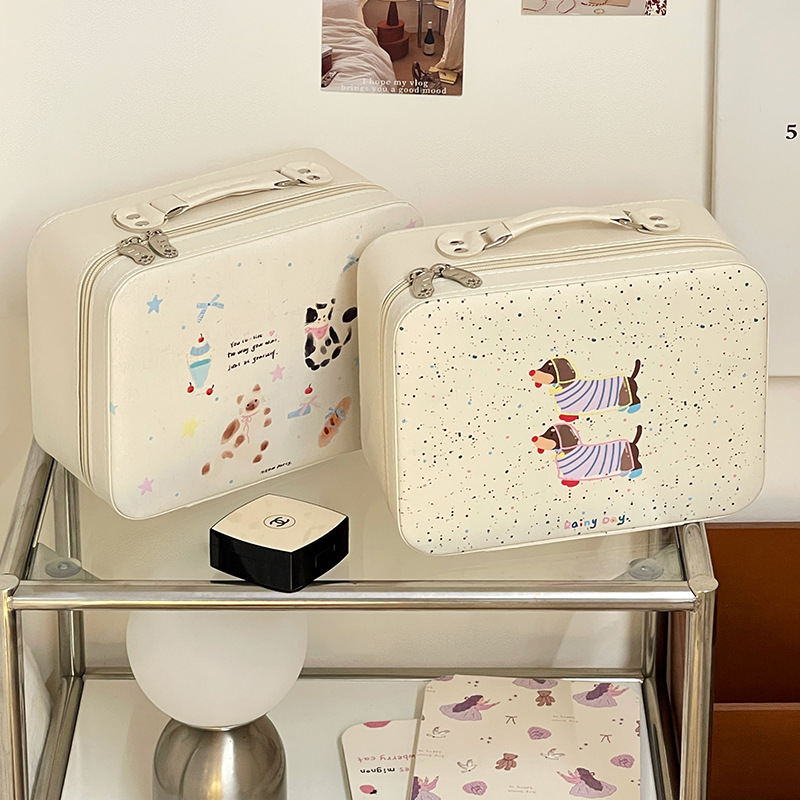 Bolsa de cosméticos original con espejo, caja de cosméticos portátil portátil de gran capacidad, bolsa de almacenamiento de viaje linda, bolsa de lavado impermeable