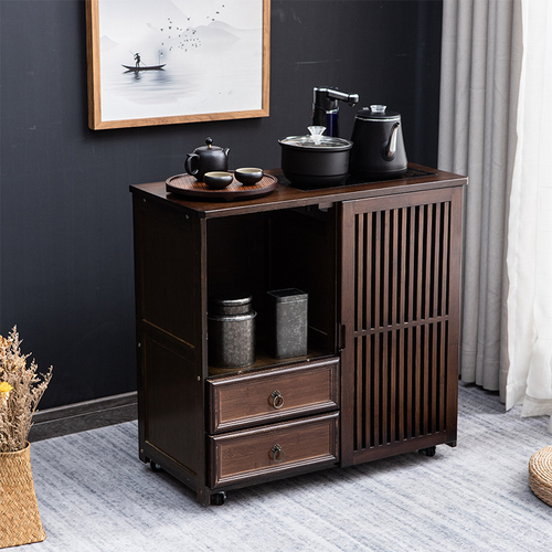 G3YN Tea Cabinet, Modern Chinese Style Solid Wood Sideboard for Home Living Room, Integrated Water Kettle, Walnut Wood with Wheels