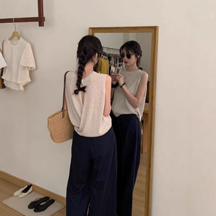 French knitted vest for women, thin summer outer wear with suspenders, loose waistcoat, hollow back sleeveless top