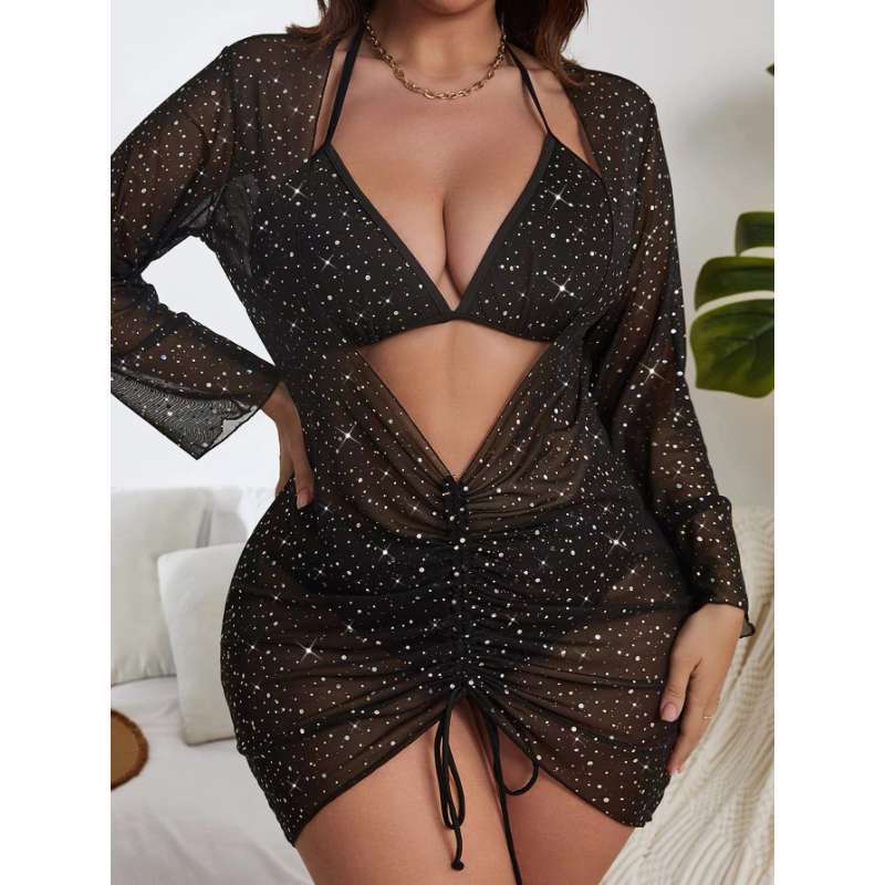 European and American New Three-Piece Swimsuit, Feminine Halter Neck Bikini, Mesh Drawstring Cover-Up, Hot Girl Vacation Swimwear