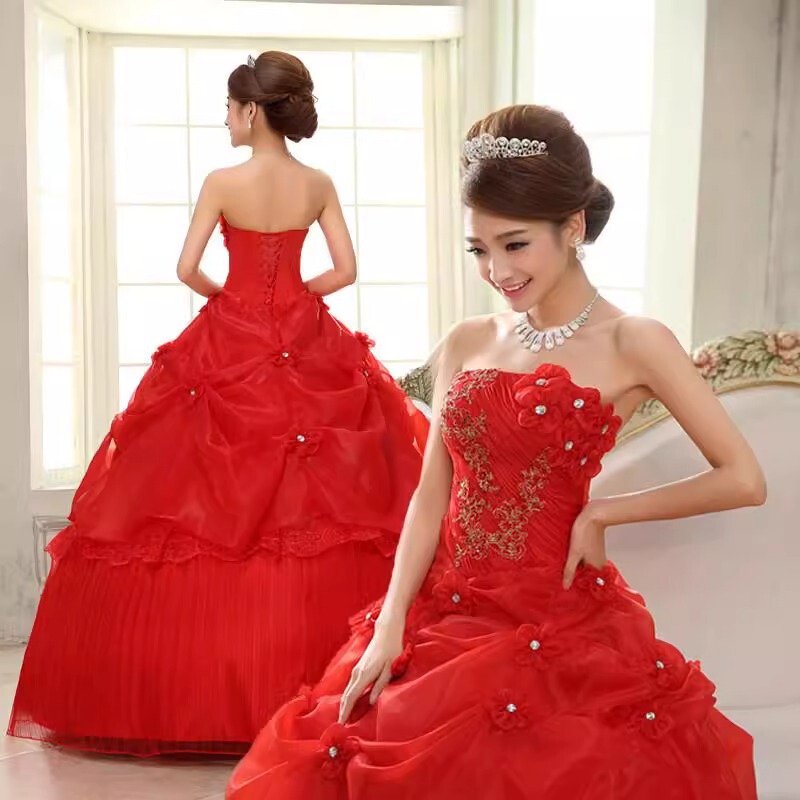 Wedding Dress 2026 Summer New Korean Style Bride's Strapless Plus-Size Maternity Floor-Length Red Lace Slimming Gown
