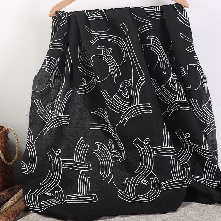 苎麻绣花面料 提花绣花麻布 梭织平纹苎麻棉面料连衣裙文艺麻布