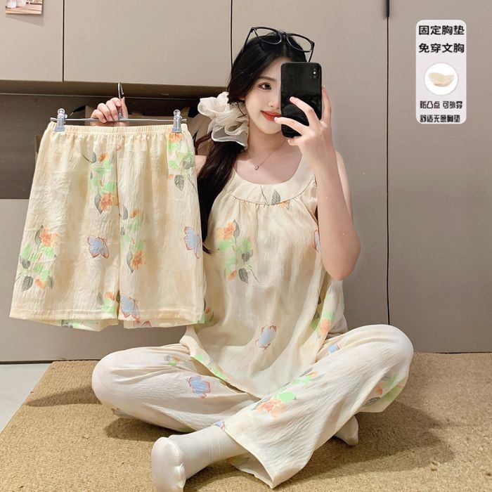 Nuevo pijama de tirantes sin mangas de estilo chino para mujer, algodón de nube delgada de verano, almohadilla para el pecho, ropa para el hogar, traje de tres piezas