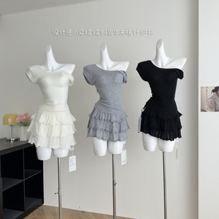 2025 Summer New Design Niche Waxy Slanted Shoulder Waffle Knitwear Short Sleeves