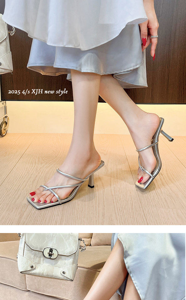 Sandal cao gót nữ mũi vuông hở mũi quai chéo in họa tiết da báo — Màu bạc, Màu da báo, Màu trắng be chi tiết 12