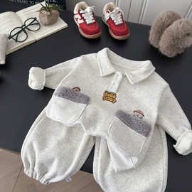 儿童加绒套装男女童翻领卫衣套装时髦童装秋冬加厚保暖韩系两件套