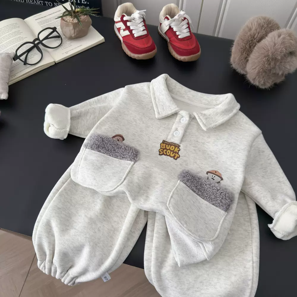 儿童加绒套装男女童翻领卫衣套装时髦童装秋冬加厚保暖韩系两件套