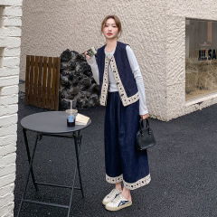 チベットの青の独特な美しい馬甲のファッションのスーツの女性の2025春の新型の小さい背の気質の広い足のズボンの3つのセット
