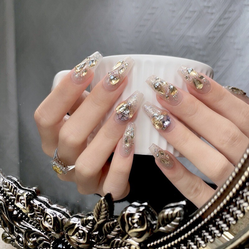 Explosive Starry Sky Purely Handmade Wearable Nail Phototherapy Manicure Goddess Temperament Aurora Full Diamond Ice Permeable Aurora Diamond Manicure Pure