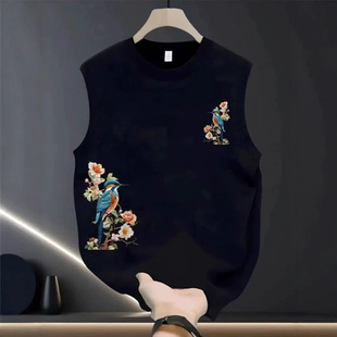 2025 New Year New Light Luxury Clothes Vest Creative National Trend Print Black Loose Casual Sleeveless T-Shirt Men Ins