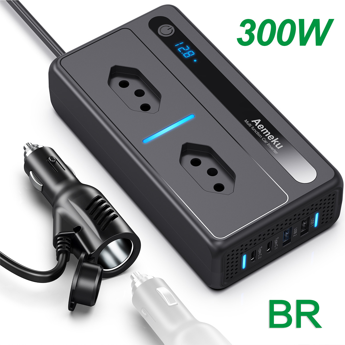 新款跨境热销300W带数显12V/24V转110V/220V巴西车载快充逆变器