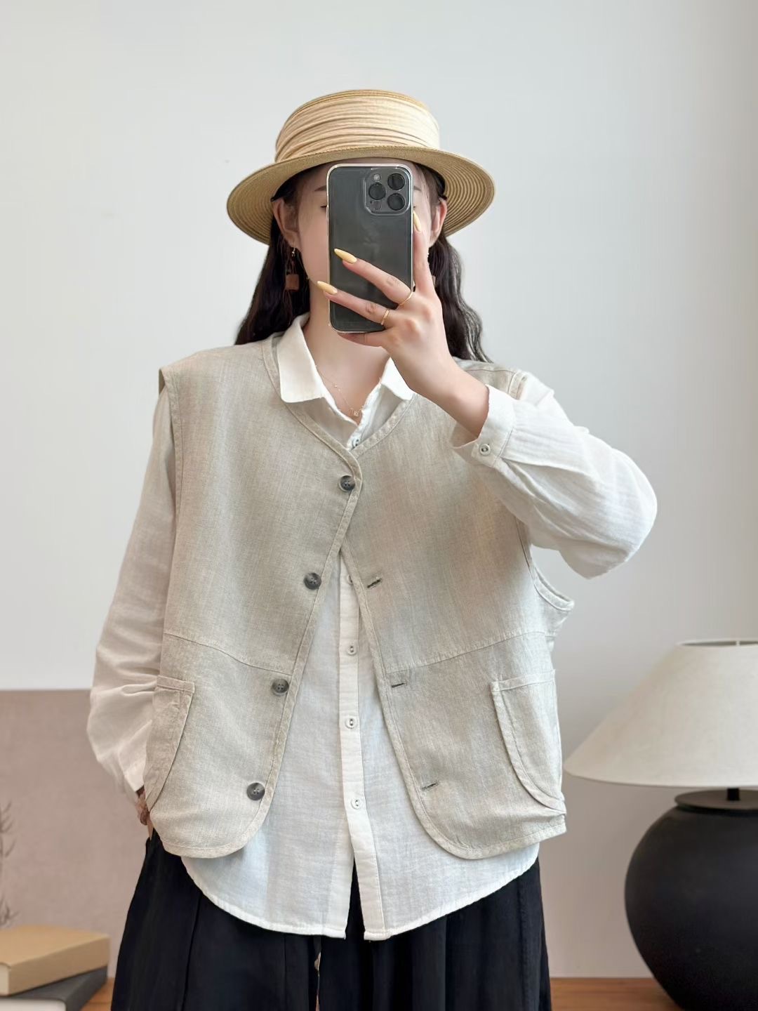 2025 otoño nuevo estilo de mujer dos lados chaleco de lino estilo nacional retro camiseta de cuello en V de moda retro chaqueta mujer image 3