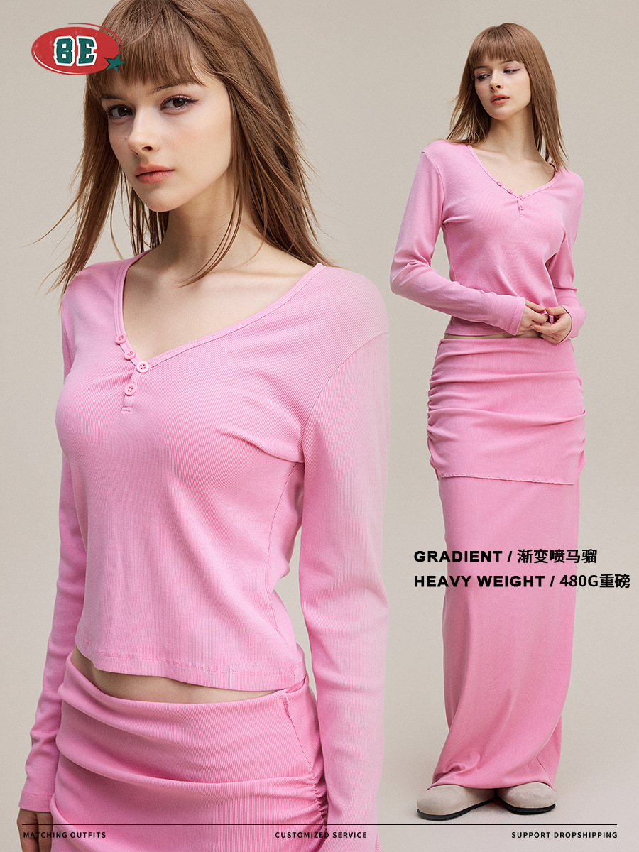 BE ropa de mujer | Suéter de manga larga con botones con cuello en V sexy puro europeo y americano, camisa de fondo delgada y delgada, camiseta de color sólido, mujer image 6