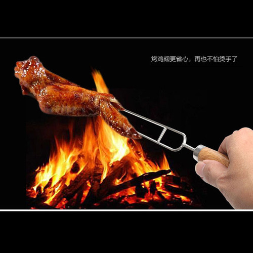 BBQ barbecue skewer wooden handle stainless steel barbecue fork double needle U-shaped skewers 201 stainless steel outdoor barbecue tools