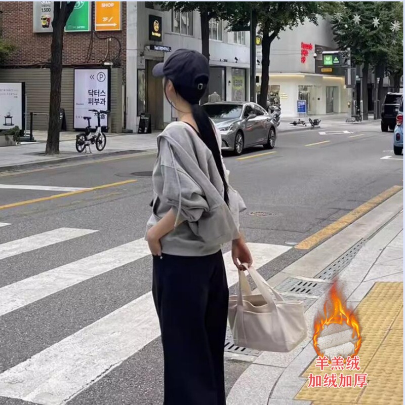青岛即墨卫衣秋冬新款拉链抽褶连帽开衫慵懒风短款开衫上衣日韩风|undefined