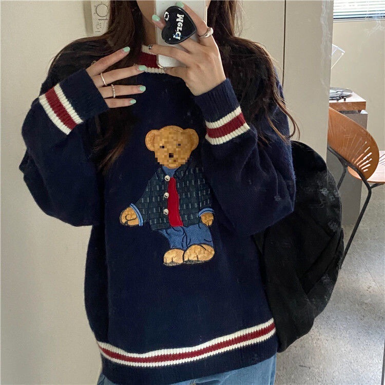 Fleece-Lined and Thickened Cute Bear Sweater for Women, New Autumn and Winter Style, Loose and Lazy Style Embroidered Knitwear
