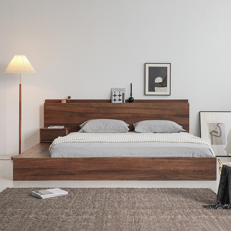 Nordic solid wood double bed 1.8 bed floor low bed simple modern style Japanese tatami black walnut