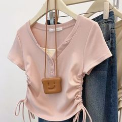 肩のvネックの偽の半袖のtシャツの女性の春の夏の2025ギャルのカードの腰の独特な縄の短いタイプの修身の上着