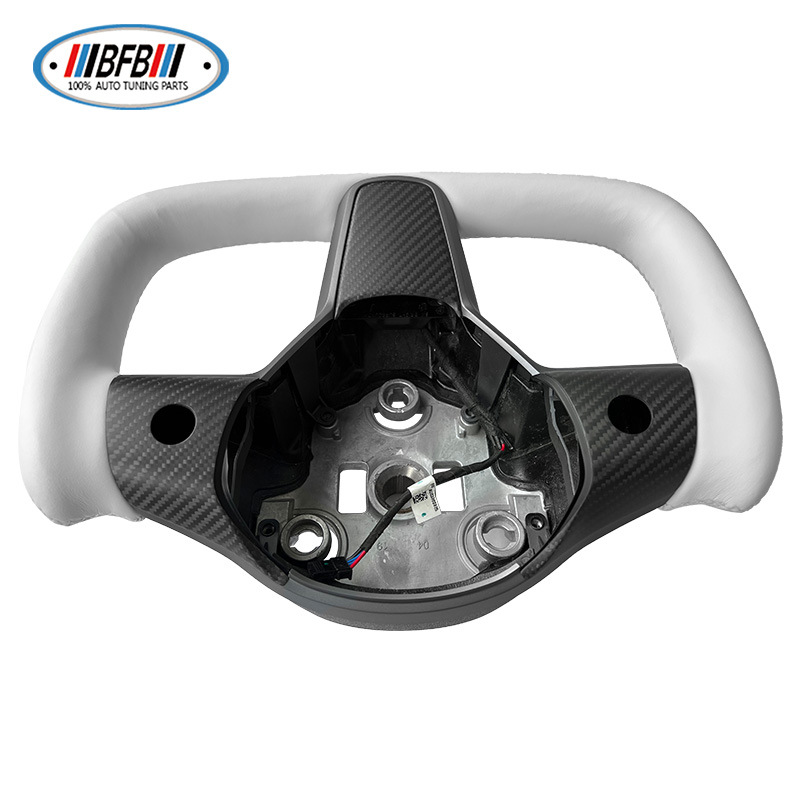 100% Real Carbon Fiber Yoke Steering Wheel - For Tesla Model Y 3 - White Alcantara Leather, Matte Carbon Fiber