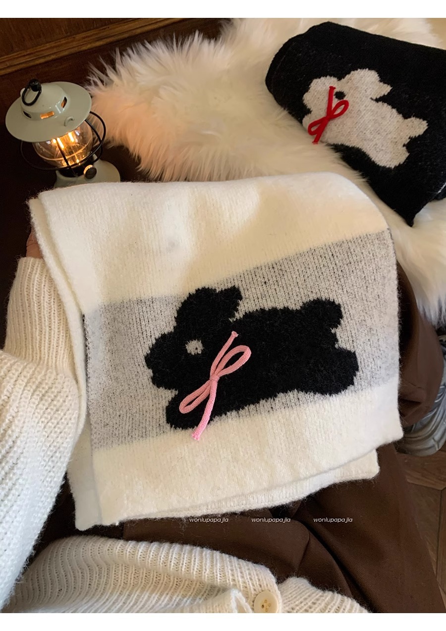 Winter 2024 New Warm Knitted Female Cute Rabbit Bow Leisure Outdoor Windproof and Cold resistant Scarf_voghion.com
