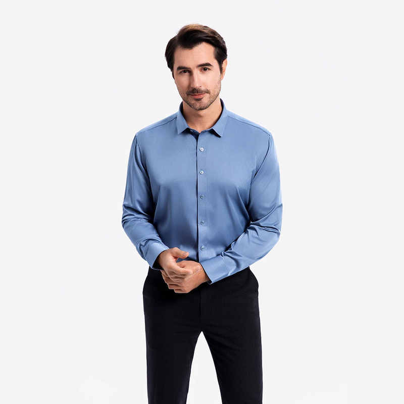 Cross-Border European Size Solid Color Shirt for Men, Non-Iron Business Casual Professional Formal Wear Top, Pocketless Long-Sleeve Shirt for Men