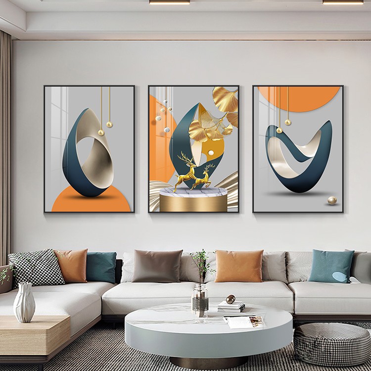 Pintura de decoración de la sala de estar moderna de lujo ligera Fukuyan atmósfera tripartita mural significa un buen fondo de sofá pintura colgante de pared