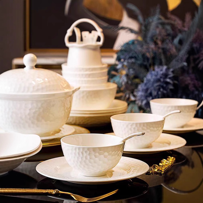 Dinnerware Set for Home Use, Pure White Underglaze Colored Bone China, Large Soup Bowl, Noodle Bowl, Dish Plate, Embossed Tableware, Water Cube