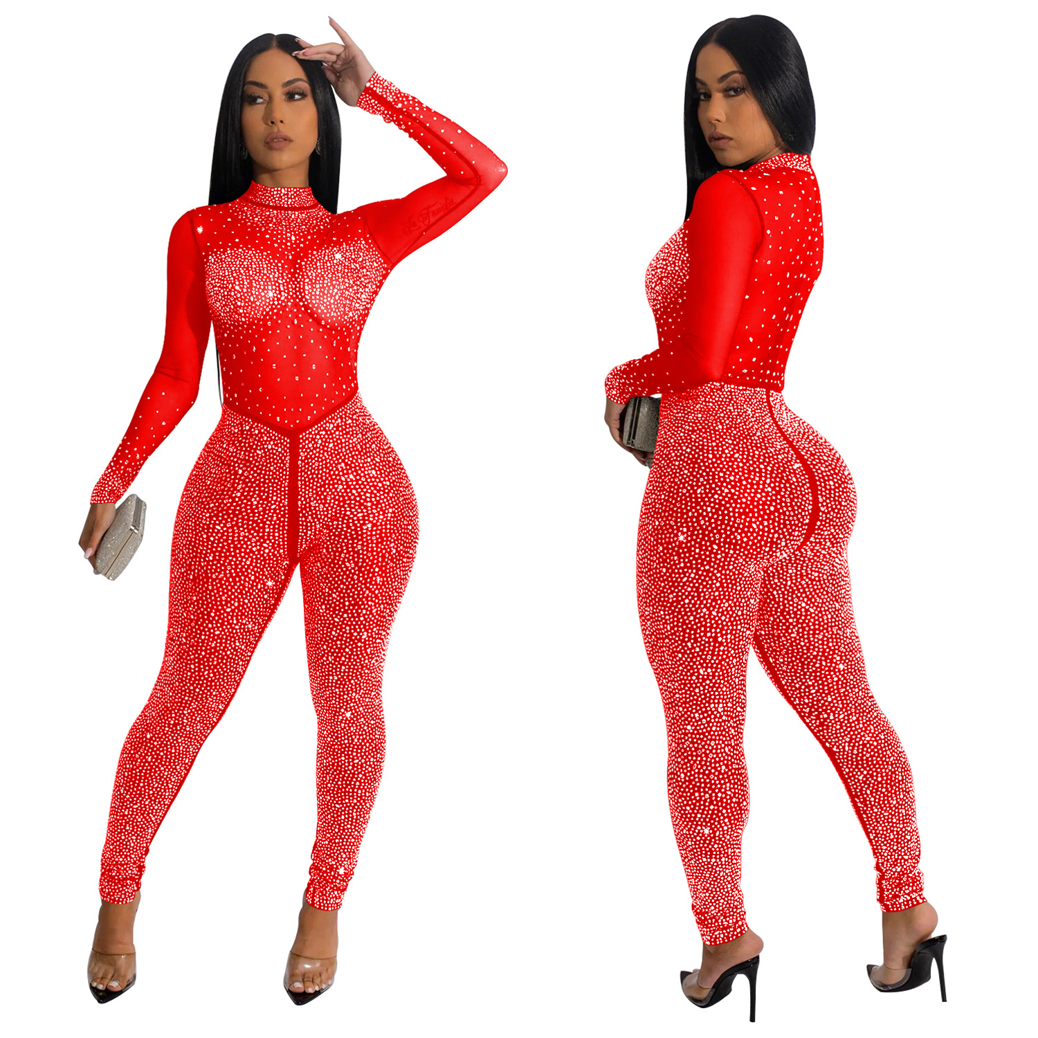 315g Weight Long Sleeve Sleeve Length Ankle-Length Pants Length Spandex, Polyester Fabric Type Mid Waist Waist Line Jumpsuits Pants Type Stretchy Elasticity Bodysuits Tops Type Party, Cocktail Party Occasion Skinny Fit Type Solid Color Pattern Spring, Autumn Season Women's Gender Diamond Design Hip-Hop Style Women's Party Cocktail Party Bodysuits Hip-Hop Solid Color Ankle-Length Diamond Jumpsuits 16