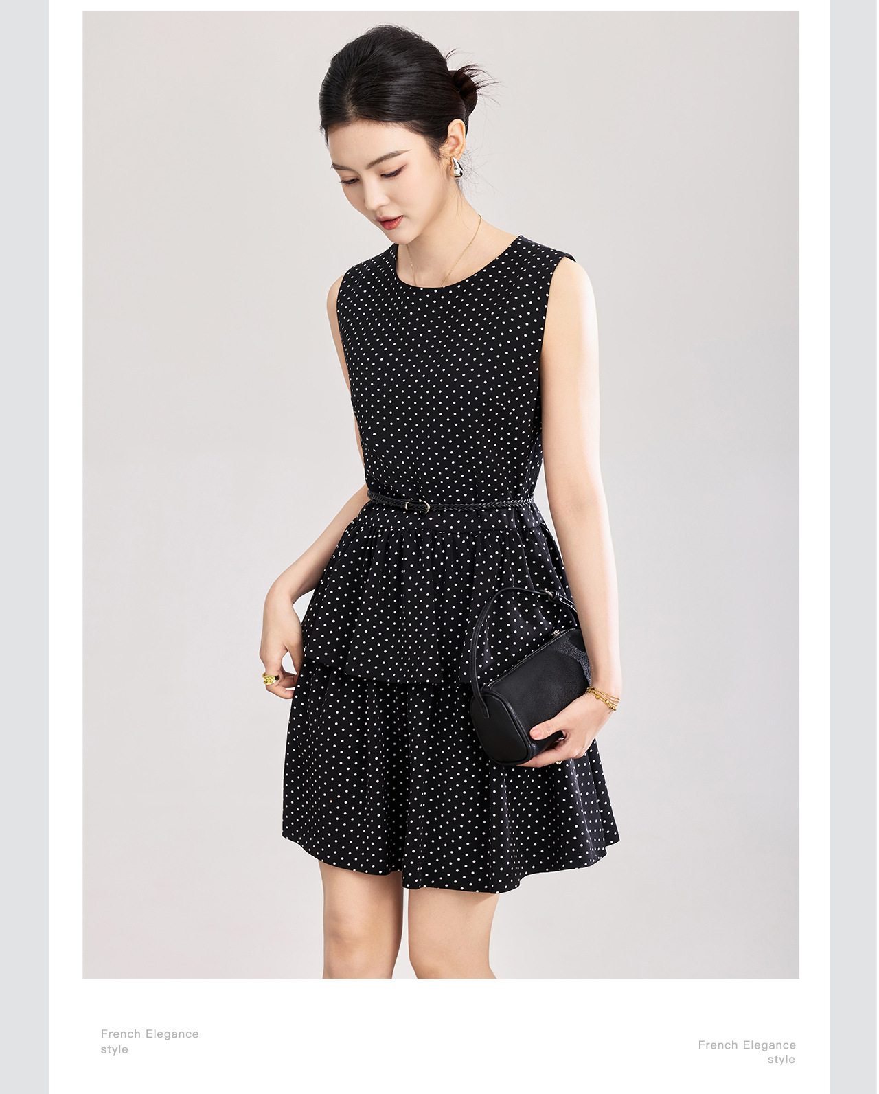 Váy ngắn satin chấm bi tay lỡ cổ vest thắt eo phong cách độc đáo — Điểm sóng Đen chi tiết 8