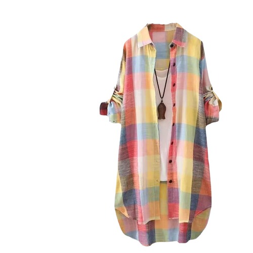 Women's Korean spring and summer sunscreen shirt medium and long large size women's loose slimming fashionable plaid shirt coat