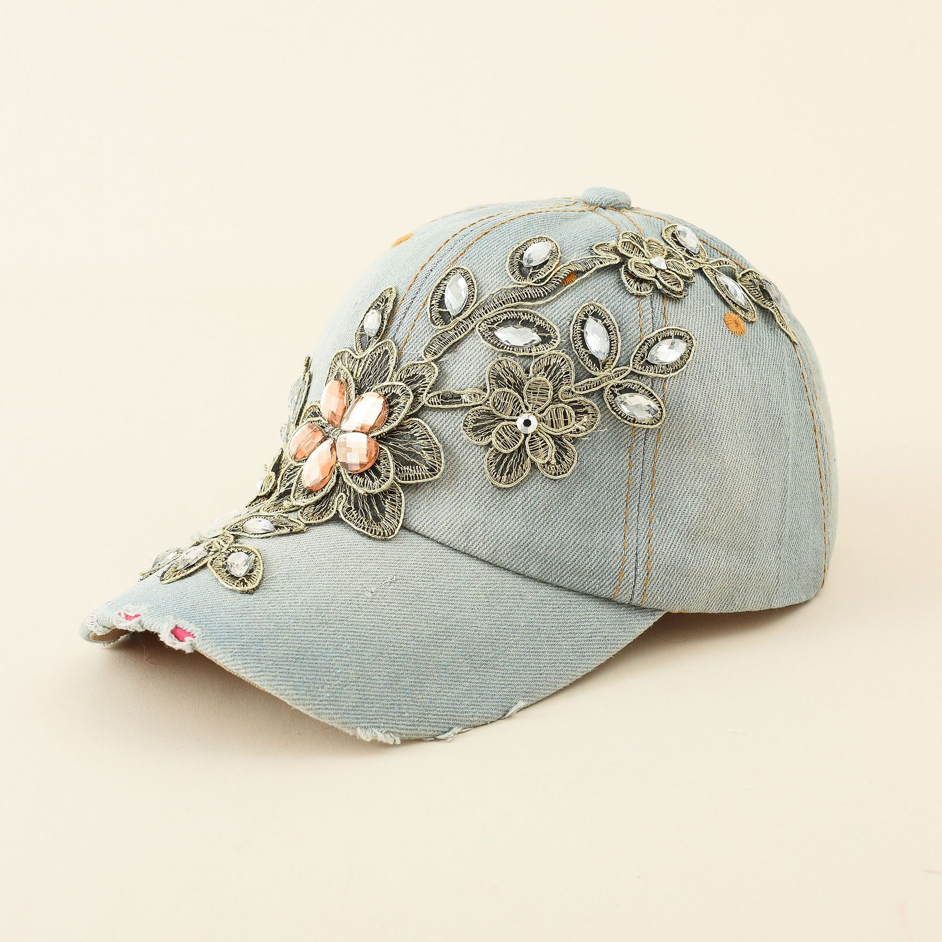 Diamante incrustado oro seda flor estilo decorativo desgastado apenada Denim gorra de béisbol europeo y americano de moda de las mujeres de verano a prueba de sol sombrero casual