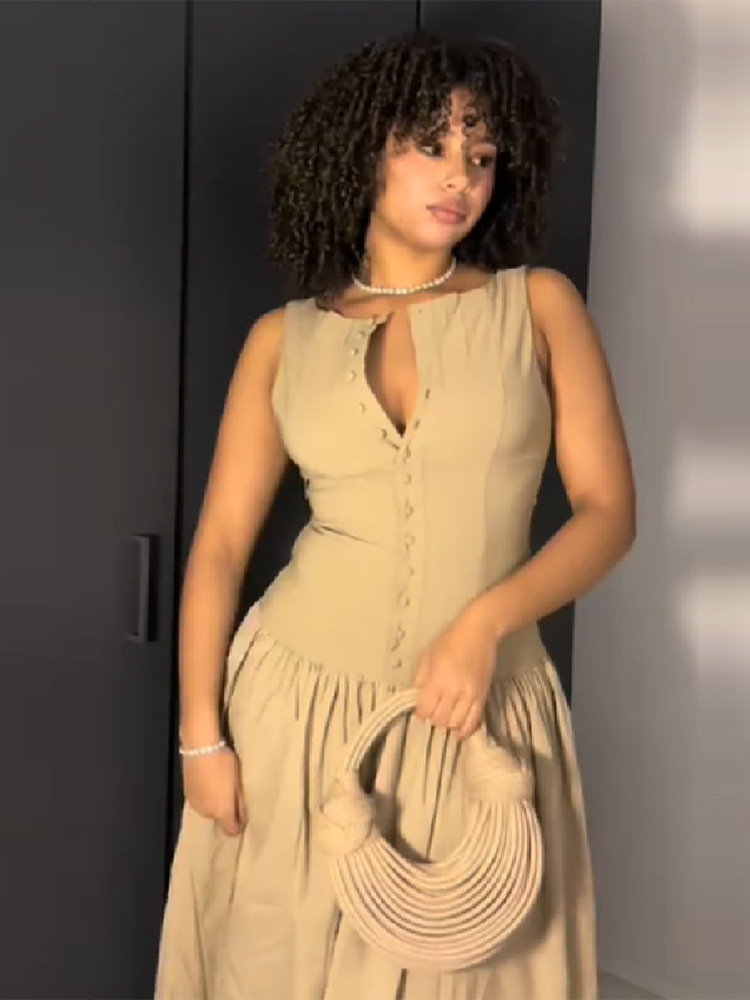 French Style Solid Hollow Out Sleeveless Waist Cinched Dress Women's Single Breasted Slim Fit Mid Length Vacation Long Dress_ecoleips.com