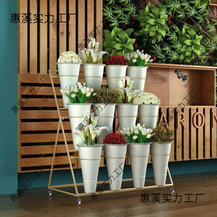 Scandinavian Golden Large Flower Shop Flower Stand Removable Iron Multi-Layer Flower Display Stand Plastic Flower Bucket Shelf Display