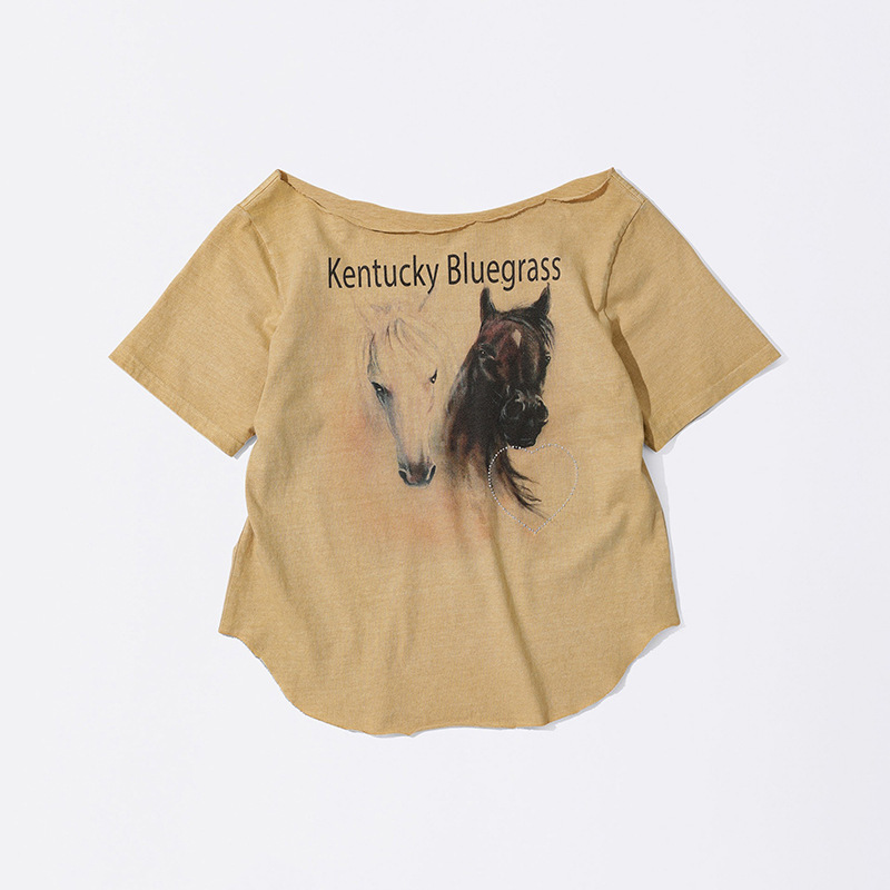 スポットジンヒョナ同風オフショルダー馬プリントTシャツ2025夏レディースルーズ半袖トップススカルプト*r