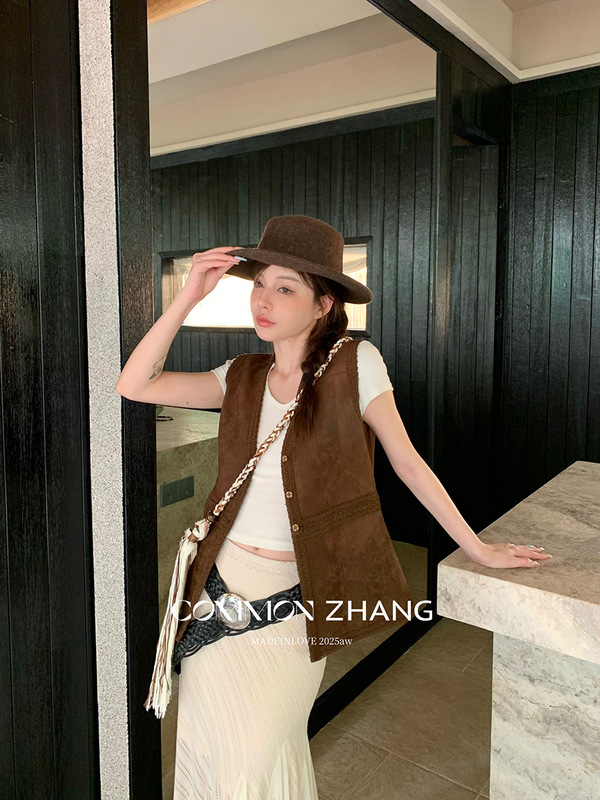 CZ ZHANG秋美式复古废土风中长款绣花马甲女绑带休闲外套B37660|undefined