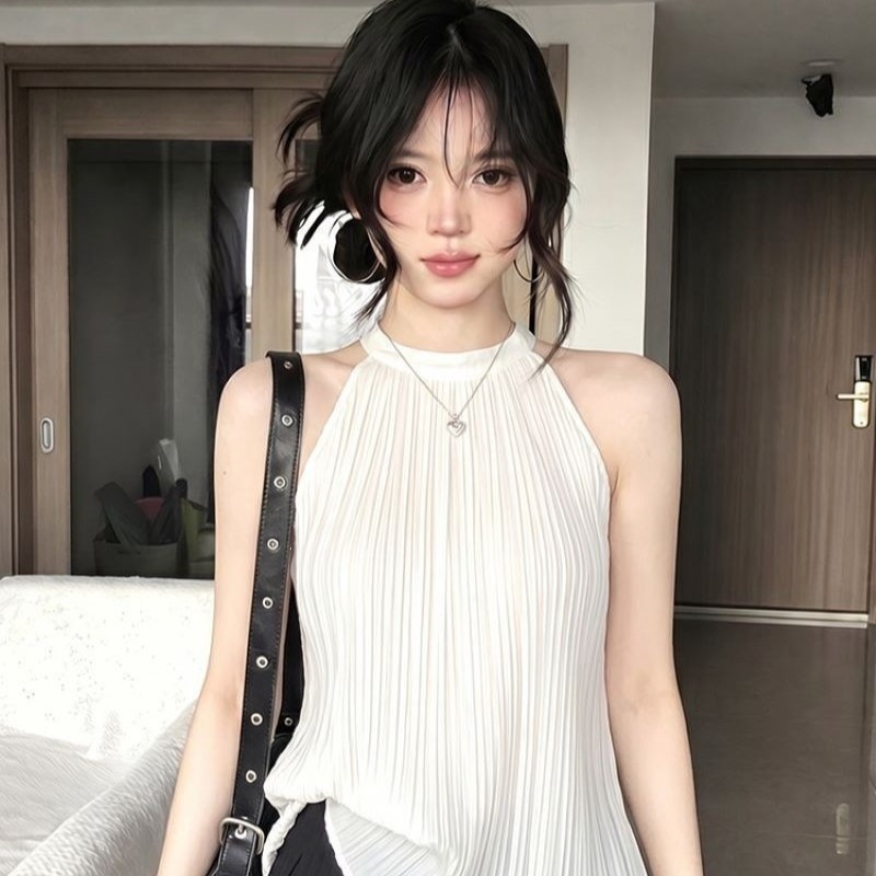 CD728法式褶皱挂脖无袖针织衫夏季宽松显瘦高级感时尚洋气百搭