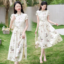 M8N时尚印花连衣裙女夏新中式盘扣优雅收腰端庄大气改良旗袍短袖