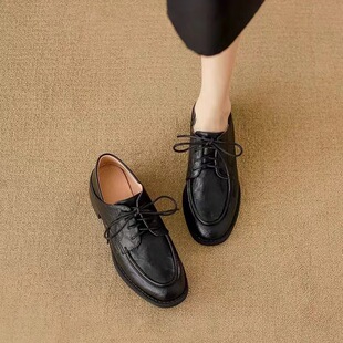Genuine Leather Thick Heeled British Thick-soled Leather Shoes 2024 Autumn Lace-up Black Commuter Shoes College Style Loafers for Women