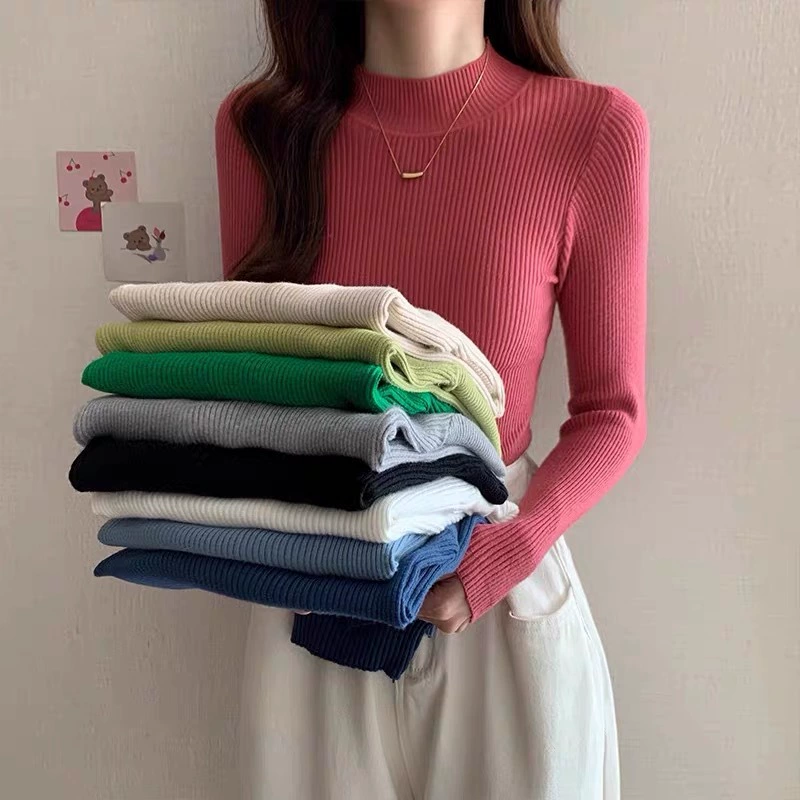 Осень длинный рукав, базовый базовый файл, эластичный свитер, Slim Fit, высокий воротник, корейский стиль