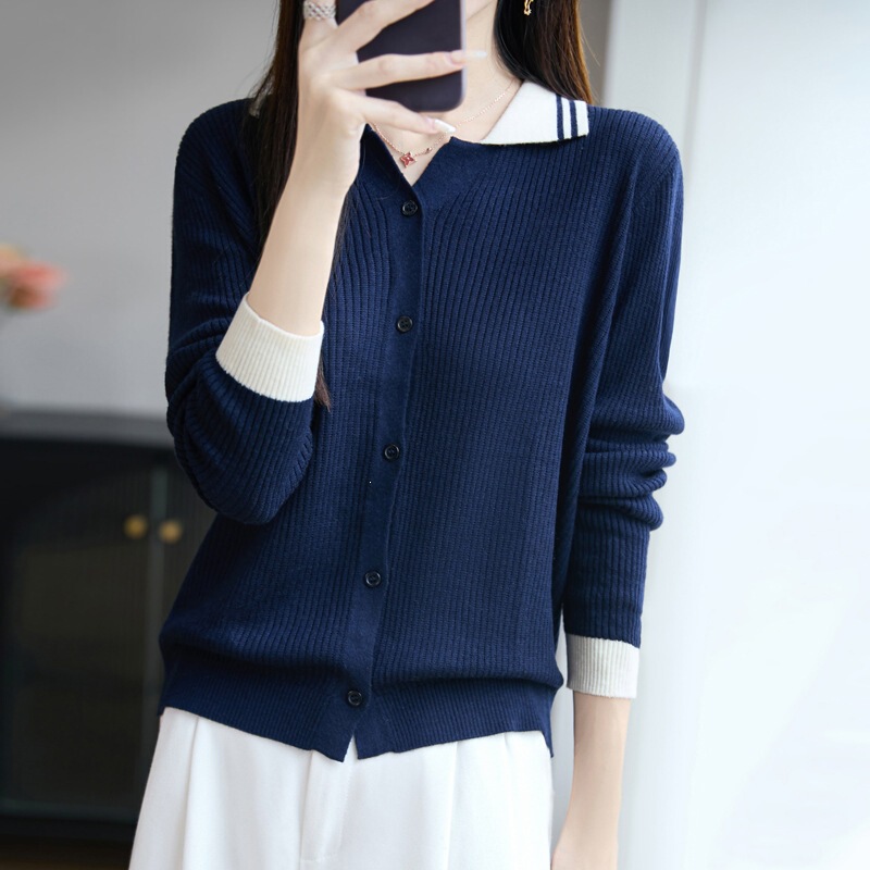 Cross-border striped ribbed faux wool knit sweater with polo collar for women, versatile color-blocked cardigan jacket Cross-border striped ribbed faux wool knit sweater with polo collar for women, versatile color-blocked cardigan jacket