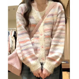 小香风彩虹条纹毛衣开衫女春装宽松慵懒风奶系领针织衫外套秋冬