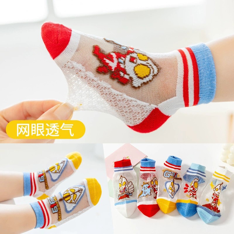 2024 summer new sports Ultraman cartoon boys socks cotton thin mesh breathable deodorant short tube