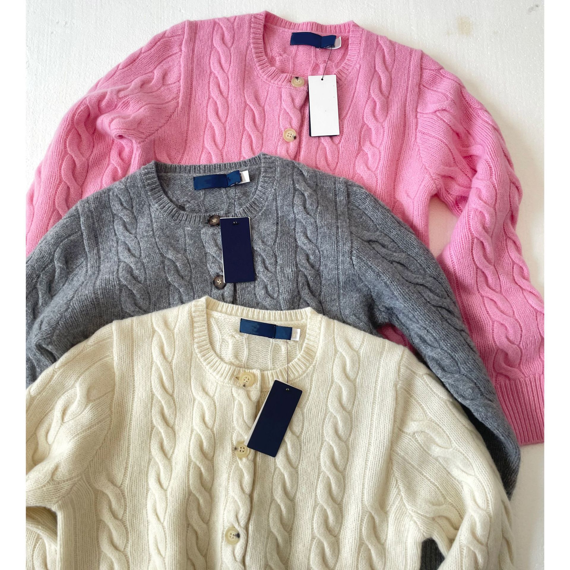 RL RAFF [울 80% 캐시미어 가디건] 포니 로고 자수 여성용 새 케이블 타이 |