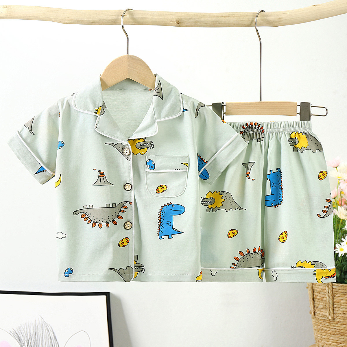 2022 summer new children's cotton home clothes short sleeve Lapel pajamas pajamas Korean version suit large children's folio thin