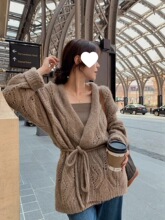 慵懒钩花针织收腰开衫秋冬上衣镂空中长款宽松毛衣港风复古女外套